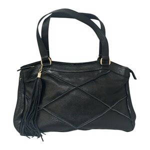 Nyla Noor Bohemian Soho Pebbled Leather Patchwork Seam Tassel Shoulder Bag Black